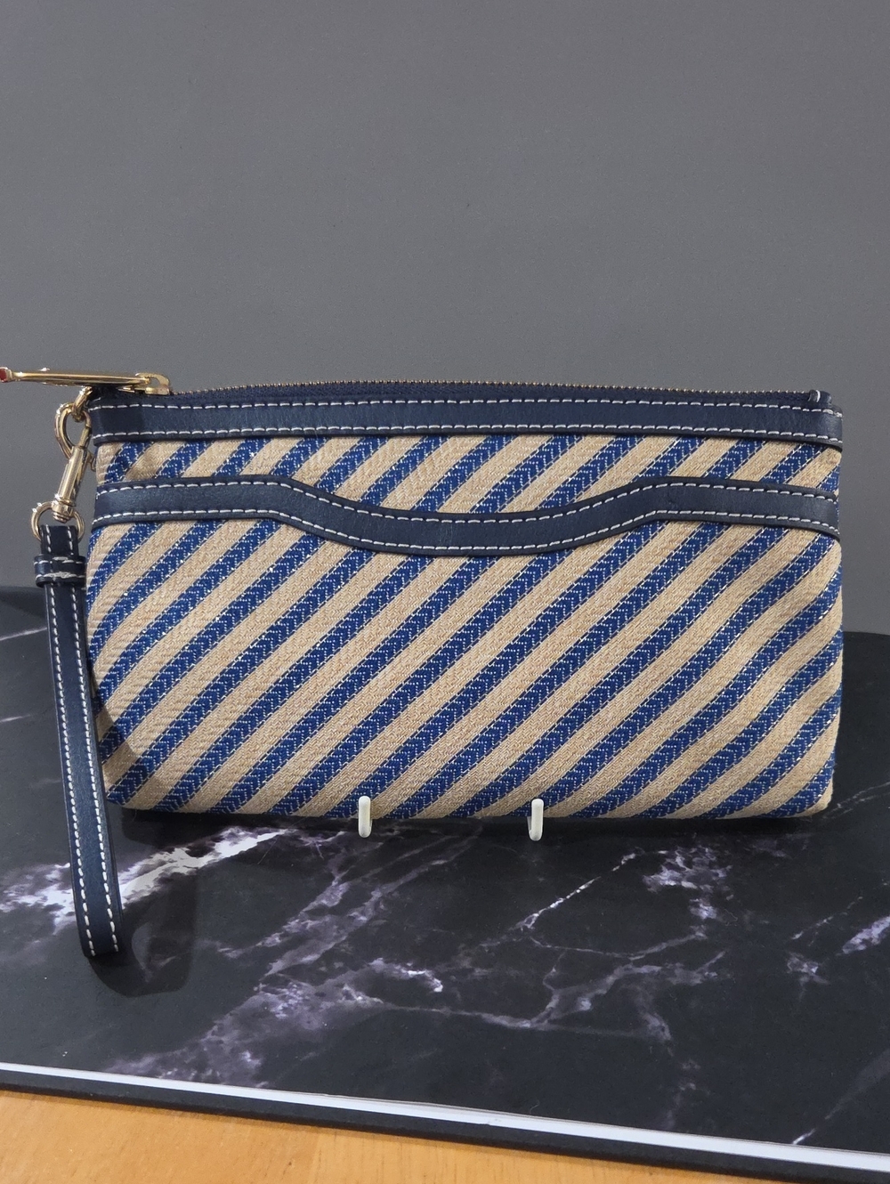 Talbots Striped Blue and Beige Wristlet Clutch- Sparkle Threading